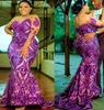 2022 Plus Size Arabic Aso Ebi Purple Mermaid Sparkly Prom Dresses Sheer Neck Evening Formal Party Second Reception Födelsedagsförlovningsklänningar klänning ZJ277