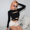 Rockmore Gothic Bodycon Criss Cross Bandage T-shirt Kobiety Z Długim Rękawem Hollow Out Koszulki Femme Streetwear Crop Tops Tees Autumn 220328