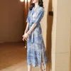 Zomer casual jurken dames elegante lange losse jurk Hanbok-stijl Aziatische kleding katoenen linnen ademend blauwe jurk v-hals gewaad