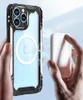 Cadre en alliage d'aluminium Pare-chocs souple en silicone Étuis rigides transparents Support magnétique Magsafing Charge Couverture robuste pour iPhone 13 12 11 Pro Max XR XS Max 6 7 8 Plus