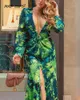 Casual Dresses MKD LUFI Tropical Print Plunging Neck Split Thigh Maxi Dress Women Sexy Long