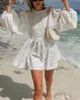 Wotwoy Spring Summer Casual White Dres Backless Chiffon Mini Dresses Female Puff Sleeve Sexy Party Vestidos 220702