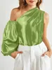 Celmia brillant Satin une épaule Blouse élégante femmes mode lanterne manches hauts décontracté asymétrique chemises streetwear 220707