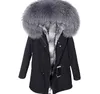 Gris Rex Lapin Rur Doublure Noir Long parkas Veste Neige femmes Manteaux Avec Garniture De Fourrure De Raton Laveur YKK Zipper 3 couleurs