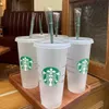 24OZ/710ml Starbucks color mug changing plastic cup reusable transparent drinking cup cylindrical lid straw Bardian 599 E3