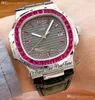 Продажа 40 мм 5711 A21J Автоматические мужские часы для часа багэтте Рубин Безель серый текстура Циферблат Красные алмазы Маркеры черные кожаные ремешки Puretime E217A1