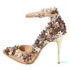 Chaussures de mariage or clair brillant avec bride à la cheville fleur femmes talons hauts chaussures en cuir véritable taille 34