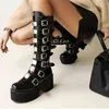 Stiefel Punk Frauen 2022 Neue High Heels Gothic Stil Schwarz Plattform Runde Nase Retro Schuhe Große Größe 44 220709