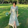Style français Vintage col en v élégant en mousseline de soie florale printemps été mode manches bouffantes Slim robe longue 220516