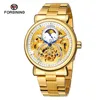 Montres-bracelets Forsining Luxury Design Gold Skeleton Watch Genuine Steel Strip Mens Mechanical Clock Male