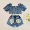 Citgeett Summer Kids Girls Outfits Suit Short Sleeve Zipper Crop Tops Blossom Print Elastic Waist Denim Shorts Clothing Set J220711