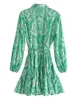 Vestido de camisa estampada verde Mulher Ruffle vestidos curtos para mulheres cinto Mini vestido de manga longa vestidos casuais 220526