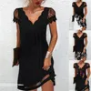 Abiti eleganti da donna Estate scollo a V in pizzo manica corta Sexy stampato allentato femminile nero abiti da festa 220615