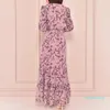 Ethnic Clothing Print Dresses Women Fashion Floral Bow Collar Frill Design Flare Sleeve Belted Swing Soft Robe Muslim Party 2022Ethnic