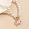 Vintage Pearl Naszyjnik dla kobiet mody geometryczne różowe szklane serce wisiant naszyjnik szyja łańcuch ślubny biżuteria