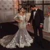 2022 Vestidos de novia de sirena de lujo Árabe Dubai Beads Apliques Capilla de encaje Vestido nupcial con tren desmontable Mangas largas Vestidos de Novia B0803