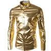 Chemises décontractées pour hommes en gros - Mens Trend Night Club Coated Metallic Halloween Gold Silver Button Down Élégant Shiny Long Sleeves Dress For