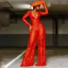 Women's Jumpsuits & Rompers Elegant Jumpsuit Women's Sequin Red Long Sleeve Sexy Deep V-neck Perspective Straight LugentoloWomen's