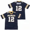 Men Junipero Serra Padres Football 12 Tom Brady High School Jersey Moive College All gestikte universiteit voor sportfans Hiphop Ademende teamkleur Gray marineblauw