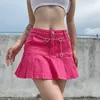 Y2k rose Denim jupes plissées Mini solide décontracté femme mode Style coréen taille haute jupe avec doublé Club fête filles W220426