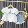 Clothing Sets Baby Girl Clothes Set Summer Plaid Bow Shirt Cotton Birthday Puff Sleeve Denim Shorts Infant Fashion SuitClothing