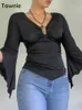 Gitana Vintage Flared Mouw T-shirt Vrouw V-hals Slanke Crop Top Kawaii Tee Shirts Tops Herfst Vrouwelijke Kleding Fee Grunge 220425