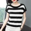 Coton Noir Rayé Femmes D'été Lâche T-Shirts Femme Plus La Taille À Manches Courtes Casual O-cou Modal T-shirt Dames Doux Tops 220321