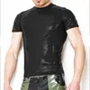 Męskie koszulki męskie faux skórzane solidny kolor elastyczny bar scena scena Slim Wetlook Tops punkowy moda kostium mięśni ciasny T-shi