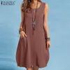 Vintage Solid Summer Dress Donna Beach Sundress ZANZEA Casual senza maniche Lunghezza al ginocchio Abiti Donna Button Robe 220521