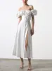 Asia Puff Sleeve White Dress Off Shoulder Cut out Tie up Side Split Ruched Long robe femme Summer for Women 220507