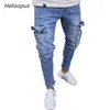 Men Jeans Tactical Cargo Pants Multi Pockets Pencil Straight Zipper Cut Denim Trousers