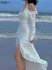 KLALIEN Fashion Elegant French Romantic Solid White Maxi Dresses Women Beach Vacation Style Sexy Off Shoulder Halter Dresses Y220401