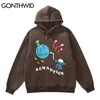 Gonthwid Hoodie Hip Hop Sweatshirt Streetwear Alien Ufo Print Hooded Men Harajuku Vinter Bomull Fleece Pullover Brown Black 220325