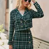 Oficina a cuadros mujer blazer abrigo verde elegante cintura alta dividida mujer mini falda moda solapa manga larga botón blazers 220506