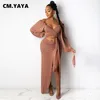 Cm.yaya Lady Woman Dresses High Side Split uitgesneden schouder lange jurk voor vrouwen volle mouw straat sexy bodycon v-neck 220516