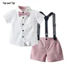 Top and Summer Kids Baby Boy Formal Suit Short Sleeve with Shirt+Suspender Pants Casual Clothes Outfit Gentleman Set 2PCS 220507