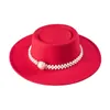 Women White Fedora Pork Pie Hat Felt Wide Brim Vintage Top Hat with Pearl Belt Wide Brim Panama Trilby Cap Autumn winter