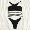 Women's Swimwear Cross Designer Black Color Swimsuit Women Sexy Beachwear Brazilian Bikinis High Cut Thong Bandage Bikini Set Est