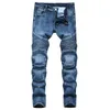 Herren-Jeans, modisch, zerrissen, Biker-Jeans, blau, Knie, Plissee, Knöchel, Reißverschluss, Marke, Slim-Fit-Schnitt, zerstörte Röhrenjeans