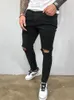 Männer Jeans Schwarz Blau Coole Dünne Knie Loch Ripped Stretch Dünne Elastische Denim Hosen Einfarbig High Street Stil Hosen mann 220408