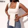 Kliou Solid Top Short Women Skinny Sleeveless X-Long Cleavage Square Collar Summer Fashion Hipster Casual High Streetwear 220318