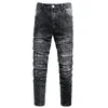 2022 New High Street Motorcycle Stretch Retro Jeans Men's Pleated Side Pocket Tooling Skinny Pants Slim Fit Nostalgic Trousers