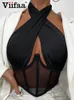 Viifaa Sexy Hollow Out Criss-Cross Halter Mesh Corset Top Women Clubwear Summer Clothes Backless Black Tank Tops 220316