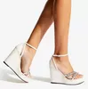 Bing Sandals Shoes for Women Comfort Wedges Latte Nappa Leather Crystals Straps High Heels Dress Party Wedding EU35-43