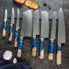 YUZI 7 pièces ensemble de couteaux de cuisine en acier damas VG10 Chef couperet couteau à pain à éplucher résine bleue et manche en bois de couleur
