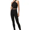 Sexy évider survêtements femmes croix sangle jarretelle soutien-gorge haut perforé Leggings été Sports de plein air collants