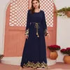 エスニック服wepbel djellaba eid abayaイスラム教徒のドレス女性カジュアル長袖ブルーレース刺繍スパンコンmaxi kaftan islamic