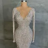 Sparkling Mermaid Evening Dresses Long Sleeves Deep V Neck Lace Feather Train 3D Appliques Sequins Beaded Prom Dress Plus Size Prom Gowns Vestidos Festa