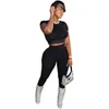 New Wholesale Women Tracksuits Summer Clothes Solid Outfits Short Sleeve Crop Top Shirt+Black Pants Two Piece Set Casual Matching Set Sports suits Bulk 7206