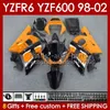 Yamaha için Vücut Turuncu Glossy Kit YZF R6 R 6 98-02 YZFR6 98 99 00 01 02 gövdeye 145no.70 YZF 600 CC YZF-600 Çerçeve YZF-R6 YZF600 600CC 1998 1999 2000 2001 2002 ABS Faceings